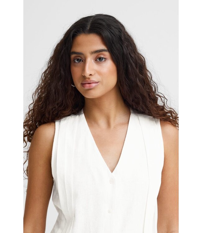 ICHI IHLINNO Top 4 - Mouwloze dames top in linnenmix met V-hals en knoopsluiting in frisse witte tint