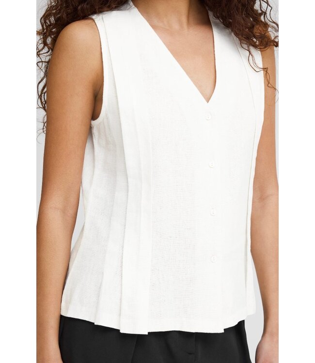 ICHI IHLINNO Top 4 - Mouwloze dames top in linnenmix met V-hals en knoopsluiting in frisse witte tint