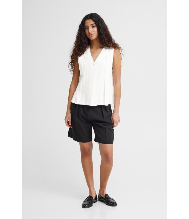 ICHI IHLINNO Top 4 - Mouwloze dames top in linnenmix met V-hals en knoopsluiting in frisse witte tint