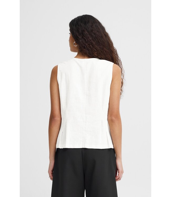 ICHI IHLINNO Top 4 - Mouwloze dames top in linnenmix met V-hals en knoopsluiting in frisse witte tint