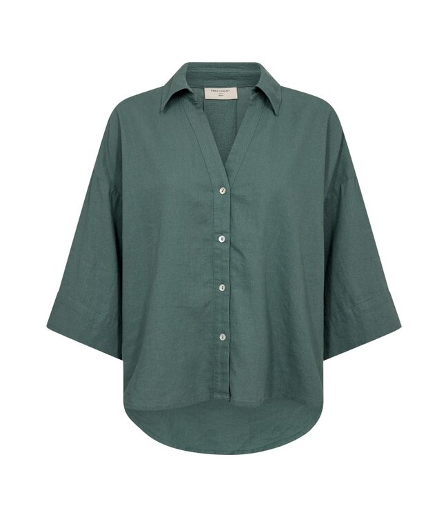 Freequent FQLAVA Shirt Dark Forest - Linnen dames blouse in donkergroen met V-hals