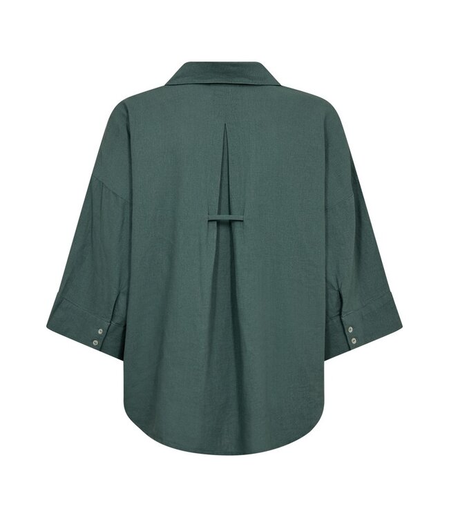 Freequent FQLAVA Shirt Dark Forest - Linnen dames blouse in donkergroen met V-hals