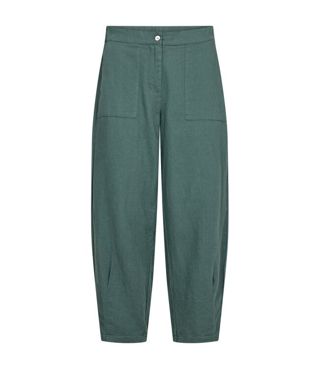 Freequent FQLAVA Pant Dark Forest - Linnen dames broek in donkergroen met elastische taille