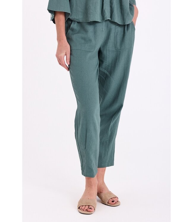 Freequent FQLAVA Pant Dark Forest - Linnen dames broek in donkergroen met elastische taille