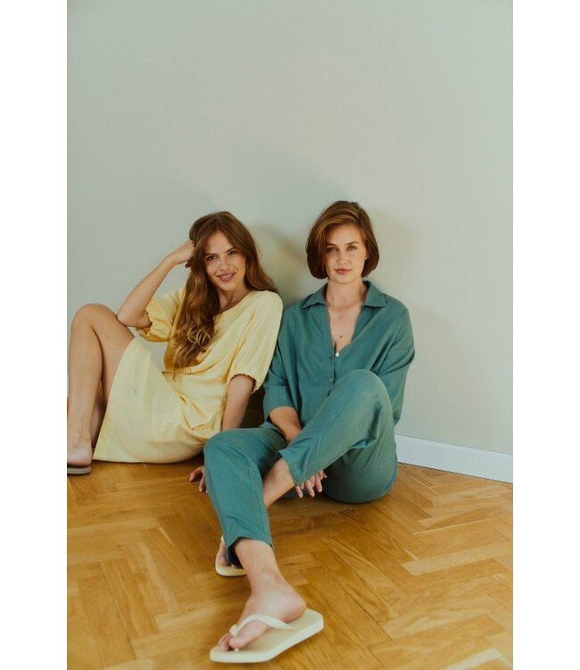 Freequent FQLAVA Pant Dark Forest - Linnen dames broek in donkergroen met elastische taille