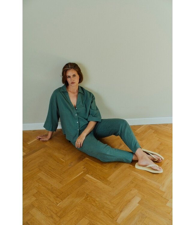 Freequent FQLAVA Pant Dark Forest - Linnen dames broek in donkergroen met elastische taille