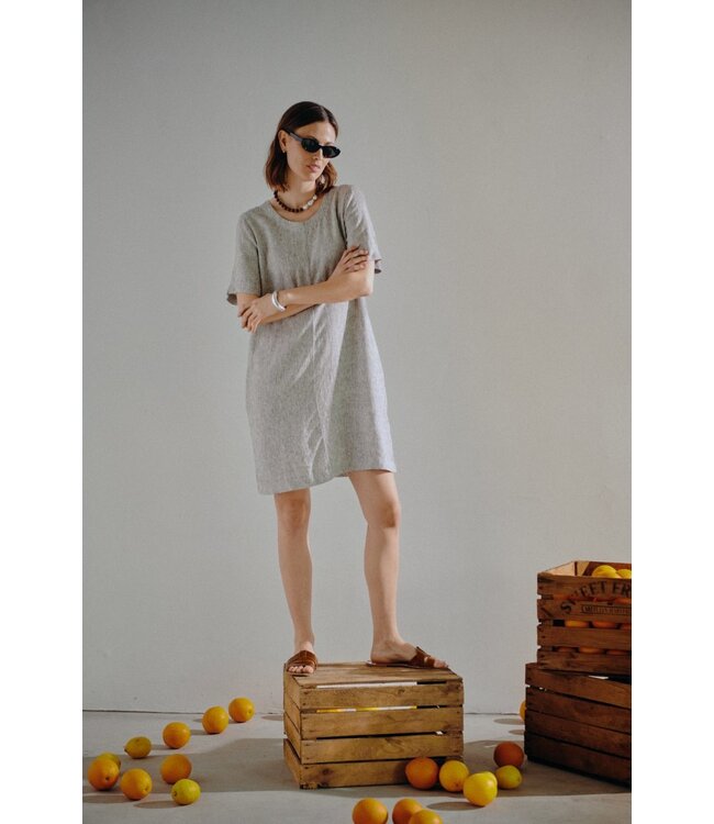 Freequent FQLAVA Dress Coffee Bean w. Star Off-white - Linnen dames jurk met fijne strepen