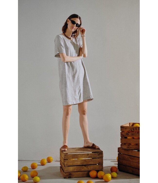 Freequent FQLAVA Dress Coffee Bean w. Star Off-white - Linnen dames jurk met fijne strepen