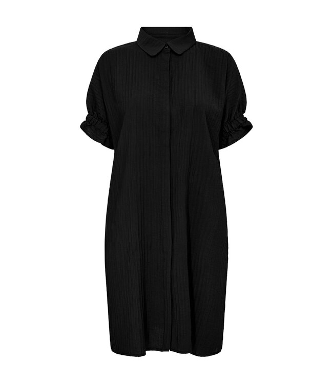 Freequent FQESFINNI Dress  Black - Zwarte dames jurk met kraag, lichte structuur en elastische taille