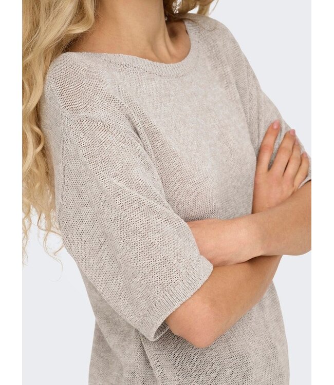 JDY JDYSHINE Life Pullover Tapioca Melange - Beige fijngebreide dames top met boothals en korte mouwen