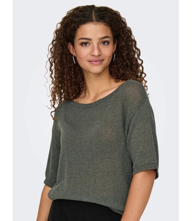 JDY JDYSHINE Life Pullover Kambaba Melange - Groene fijngebreide dames top met boothals en korte mouwen