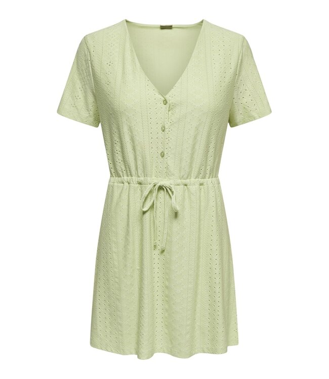 JDY JDYCATHINKA - Lichtgroene dames jurk met V-hals, knoopsluiting en taillekoord