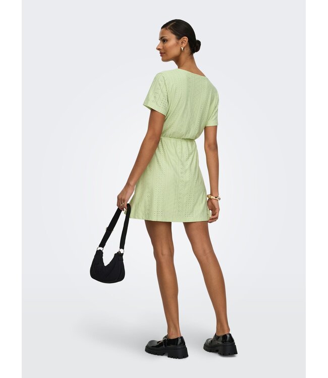 JDY JDYCATHINKA - Lichtgroene dames jurk met V-hals, knoopsluiting en taillekoord