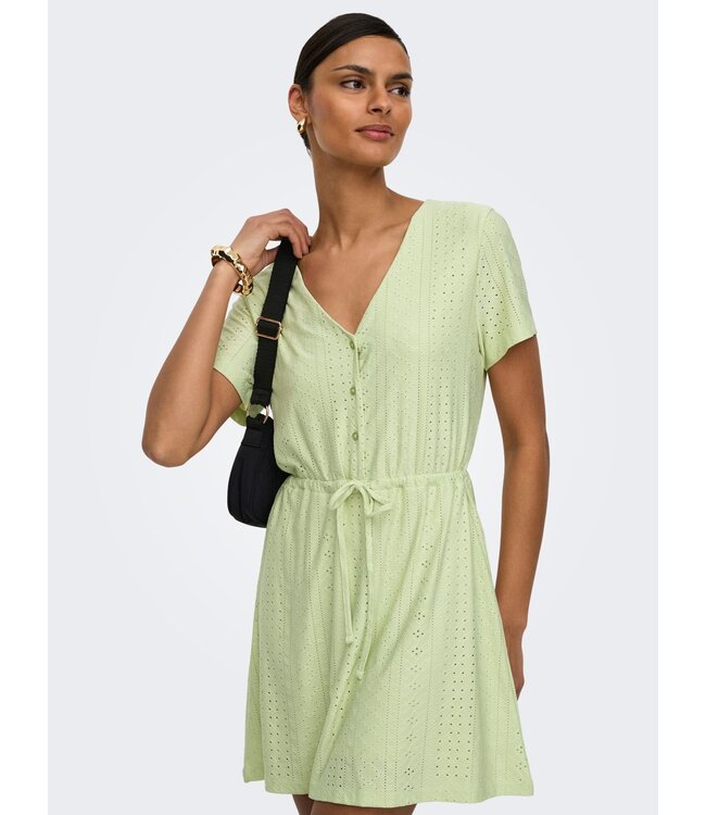 JDY JDYCATHINKA - Lichtgroene dames jurk met V-hals, knoopsluiting en taillekoord