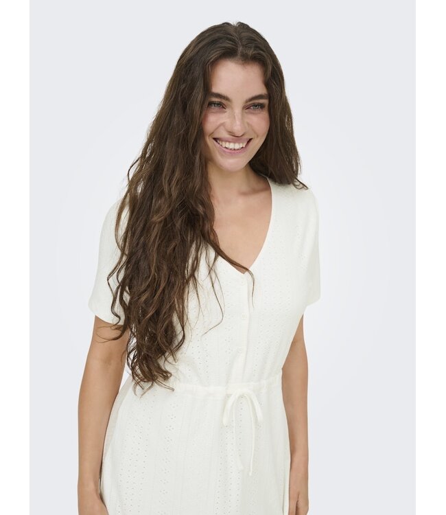 JDY JDYCATHINKA - Witte dames jurk met V-hals, knoopsluiting en taillekoord