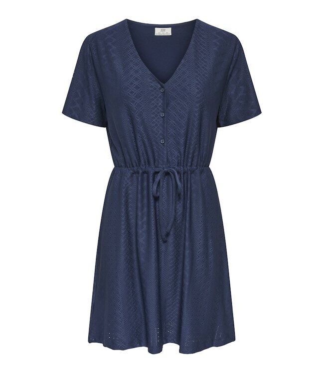 JDY JDYCATHINKA - Donkerblauwe dames jurk met V-hals, knoopsluiting en taillekoord