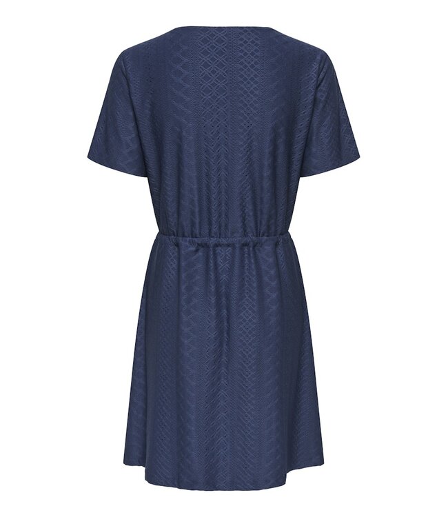 JDY JDYCATHINKA - Donkerblauwe dames jurk met V-hals, knoopsluiting en taillekoord