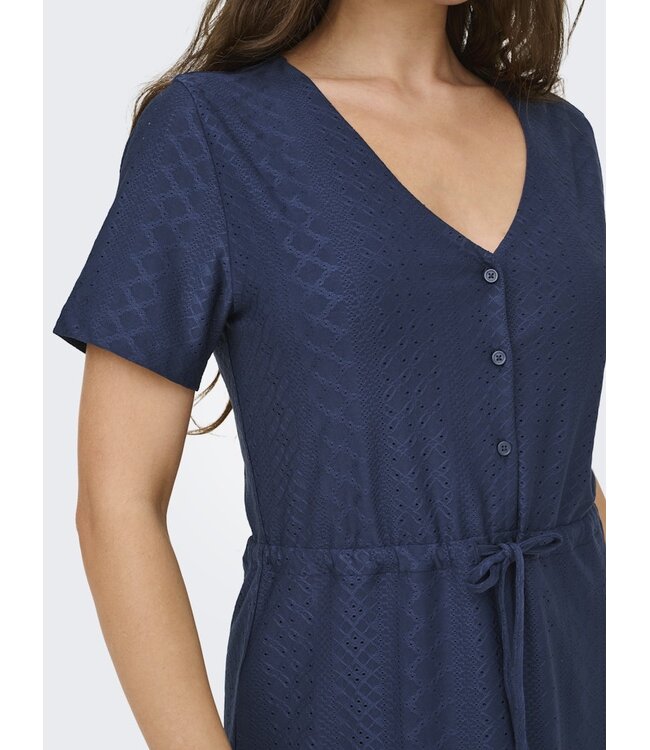 JDY JDYCATHINKA - Donkerblauwe dames jurk met V-hals, knoopsluiting en taillekoord