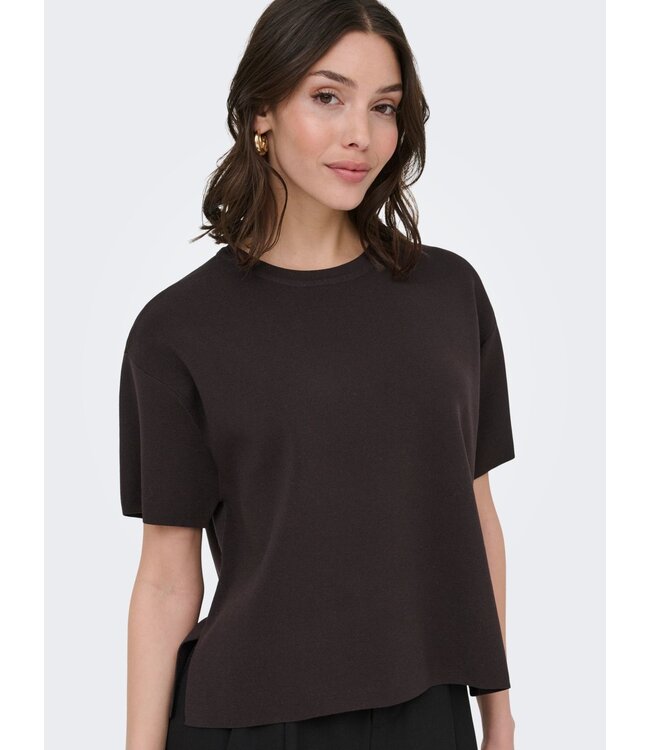 JDY JDYASTRA O-Neck Slit T-Shirt - Donkerbruine dames top met ronde hals en korte mouwen