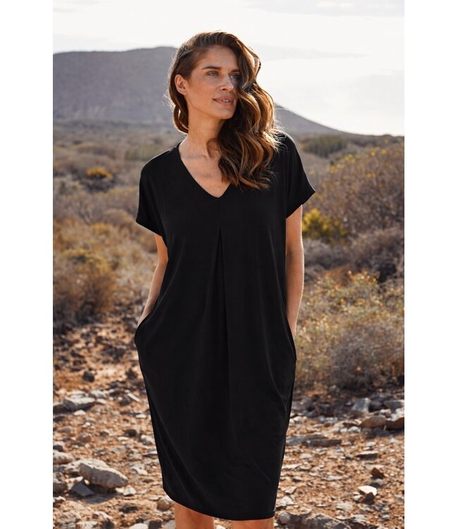 Freequent FQFLOI - comfortabele dames jurk met V-hals en losse pasvorm in zwart