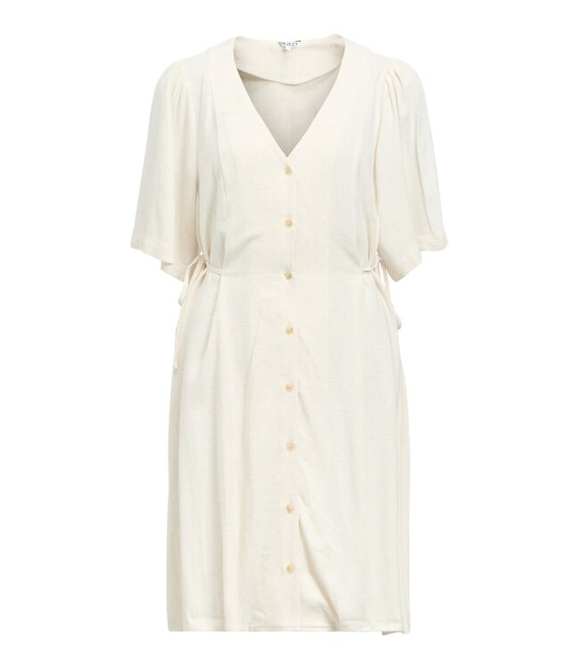Object OBJSANNE Short Dress – Ecru dames jurk met V-hals, pofmouwen en strikceintuur