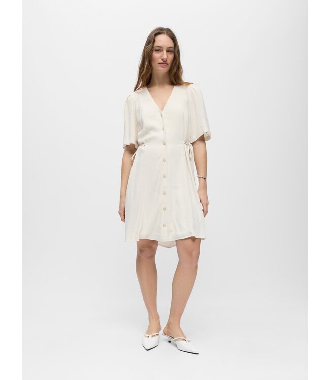 Object OBJSANNE Short Dress – Ecru dames jurk met V-hals, pofmouwen en strikceintuur