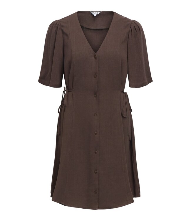 Object OBJSANNE Short Dress – Bruine dames jurk met V-hals, pofmouwen en strikceintuur