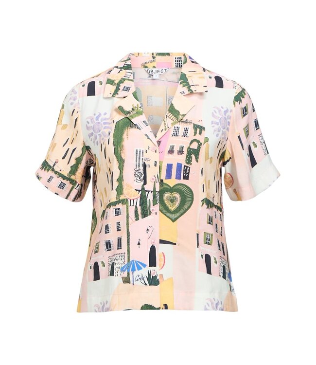 Object OBJDIVA Martha Shirt – Roze dames blouse met print, korte mouwen en kraag