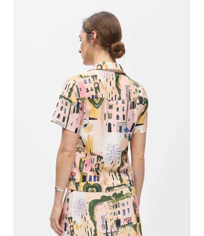 Object OBJDIVA Martha Shirt – Roze dames blouse met print, korte mouwen en kraag