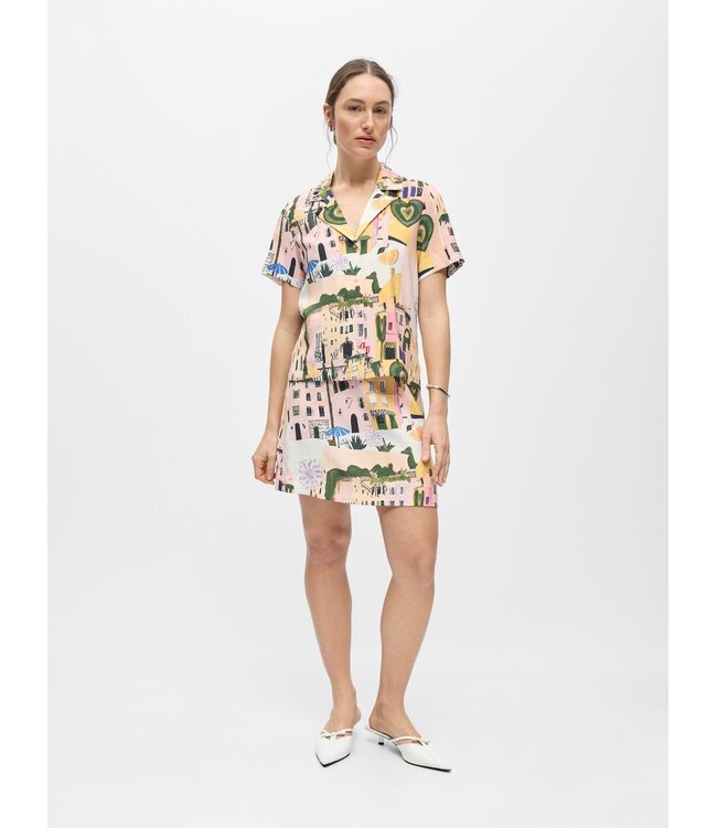 Object OBJDIVA Martha Shirt – Roze dames blouse met print, korte mouwen en kraag