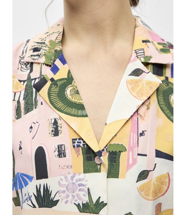 Object OBJDIVA Martha Shirt – Roze dames blouse met print, korte mouwen en kraag