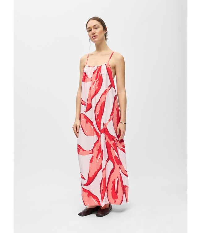 Object OBJAGGIE Long Dress – Lila dames maxi jurk met print, spaghettibandjes en open rug