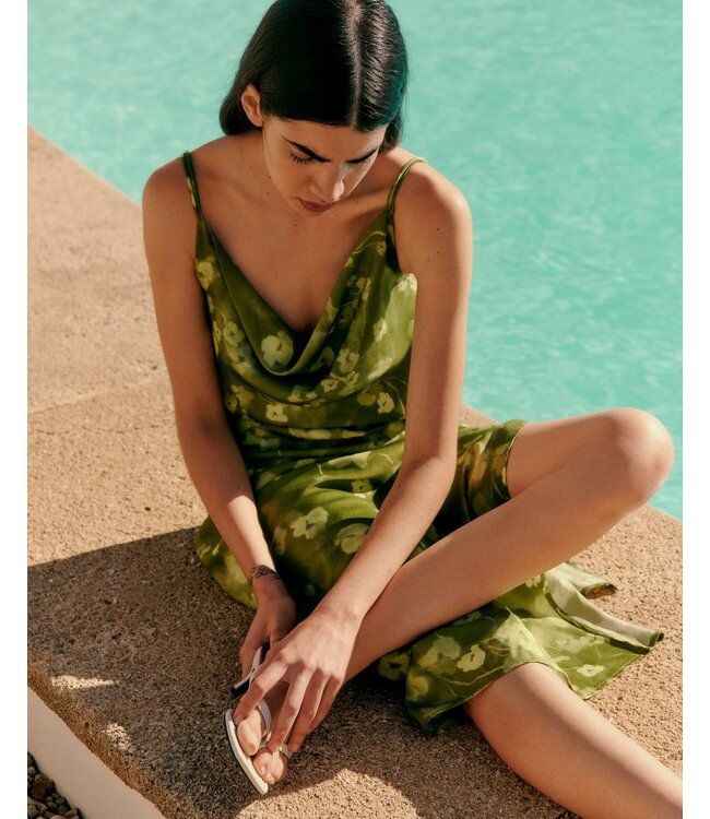 Selected Femme SLFGIONA groene satijnen dames maxi jurk met bloemenprint