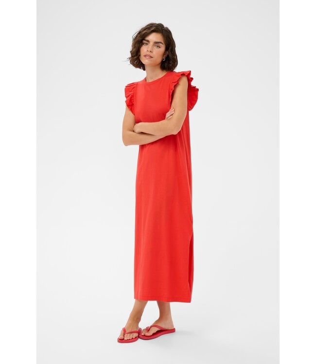 KAFFE KAcelina poppy red katoenen dames midi jurk