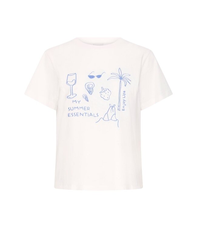 ICHI ICHI witte katoenen dames t-shirt met blauwe print