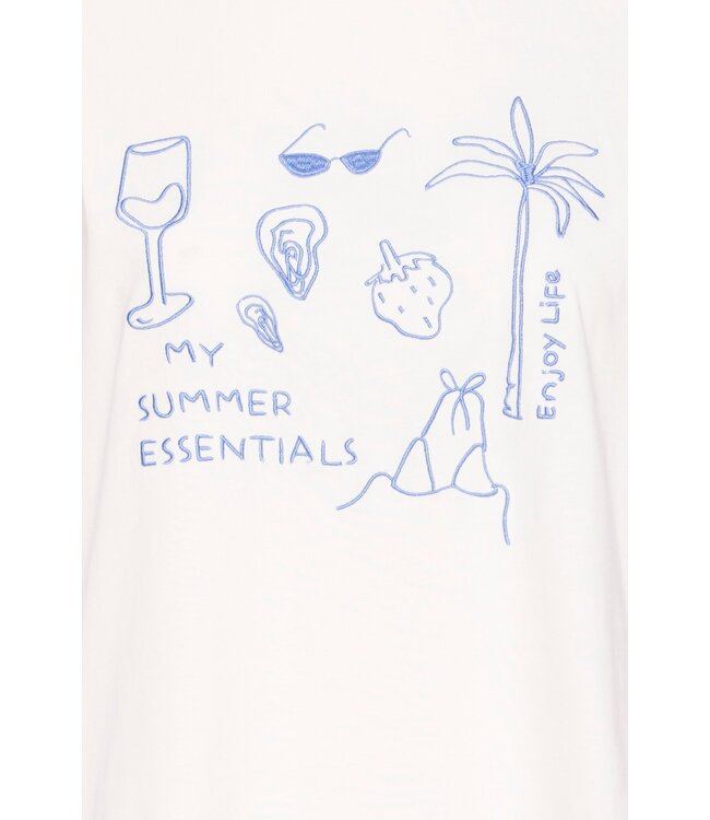 ICHI ICHI witte katoenen dames t-shirt met blauwe print