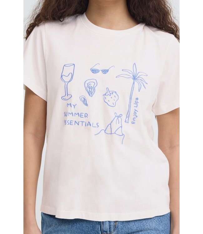 ICHI ICHI witte katoenen dames t-shirt met blauwe print