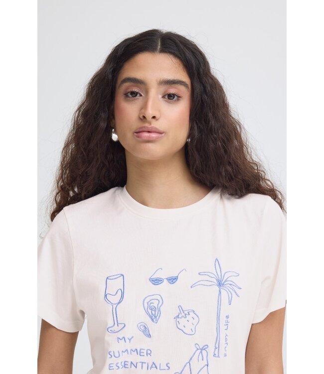 ICHI ICHI witte katoenen dames t-shirt met blauwe print