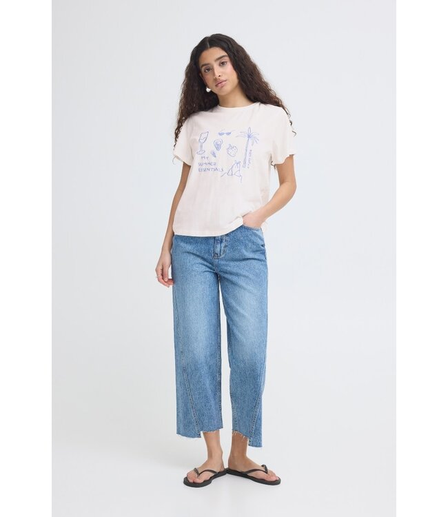 ICHI ICHI witte katoenen dames t-shirt met blauwe print