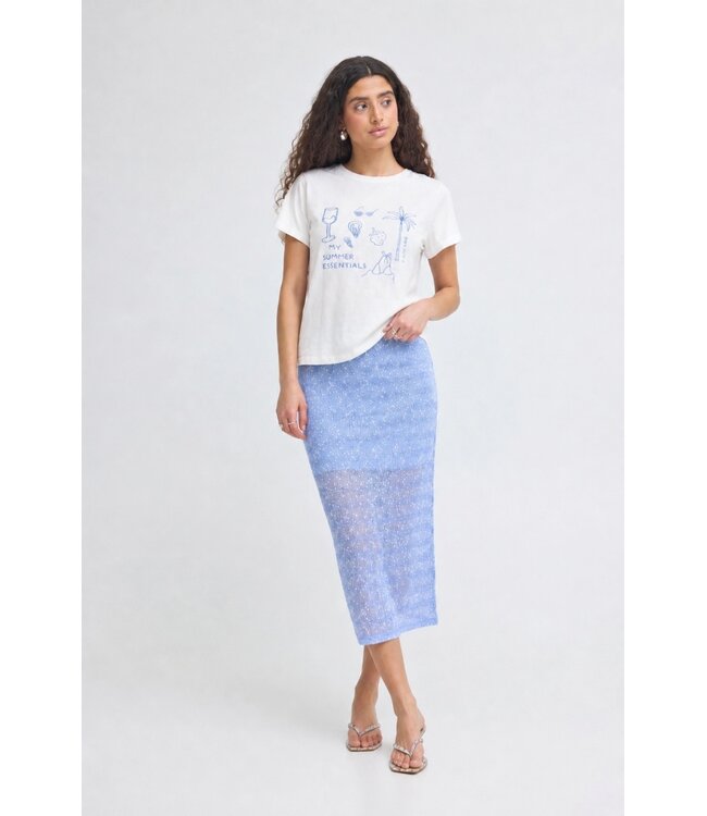 ICHI ICHI witte katoenen dames t-shirt met blauwe print