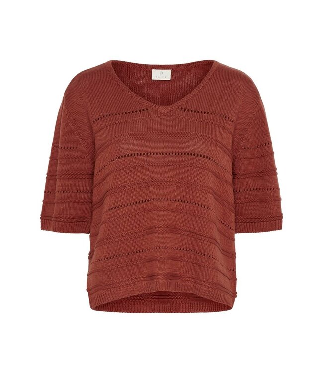 KAFFE KAmellie roestbruine dames gebreide top met V-hals en korte mouwen