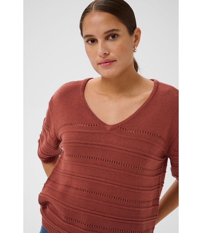 KAFFE KAmellie roestbruine dames gebreide top met V-hals en korte mouwen