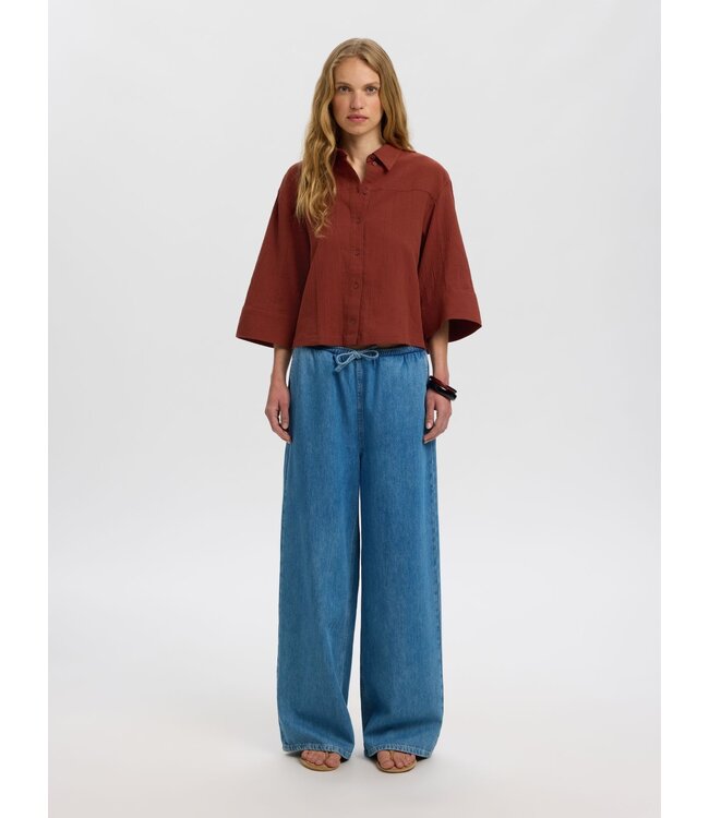 Selected Femme SLFFINNIE dames blouse met 3/4-mouwen in biologisch katoen en linnen
