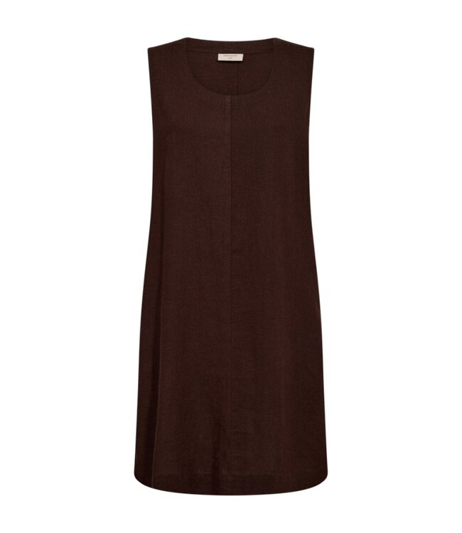 Freequent FQLAVA donkerbruine linnenmix dames midi jurk met decoratieve rugknopen
