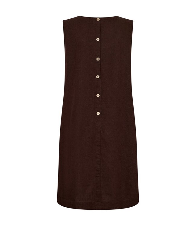 Freequent FQLAVA donkerbruine linnenmix dames midi jurk met decoratieve rugknopen