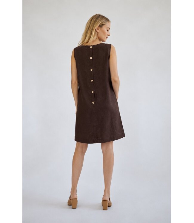 Freequent FQLAVA donkerbruine linnenmix dames midi jurk met decoratieve rugknopen