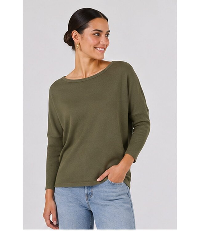 Freequent FQJONE dames pullover Olive Night met 3/4-mouwen en losse pasvorm