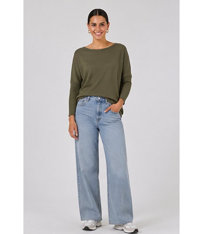 Freequent FQJONE dames pullover Olive Night met 3/4-mouwen en losse pasvorm