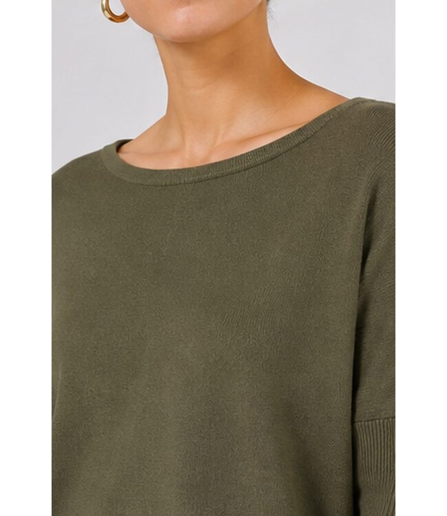 Freequent FQJONE dames pullover Olive Night met 3/4-mouwen en losse pasvorm