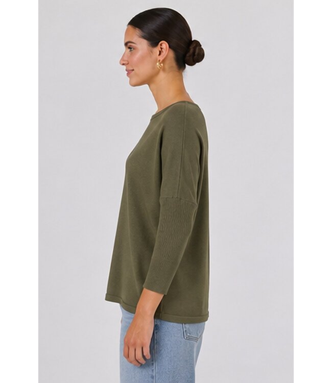 Freequent FQJONE dames pullover Olive Night met 3/4-mouwen en losse pasvorm